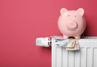 Symbolfoto: Sparschwein mit Geldscheinen auf Heizung stehend
