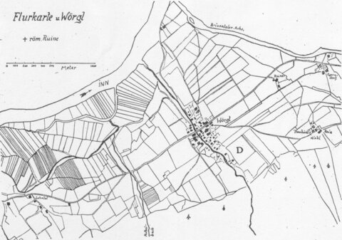 Alte Wörgler Flurkarte mit den Feldquadraten der Villa rustica und des Dallnhofes