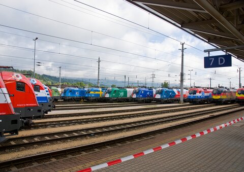 Parade der Fußball-EM-Taurus-Länderlokomotiven im Güterbahnhof Wörgl