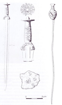 Schwert, Nadel und Scheibe aus Bronze
